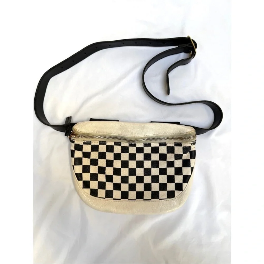 Clare V. Leather Black and White Checkerboard Crossbody Fanny Belt Bag - Picture 2 of 6